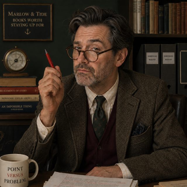 Ashton Whinge with a red pen, a barometer on the shelf behind him