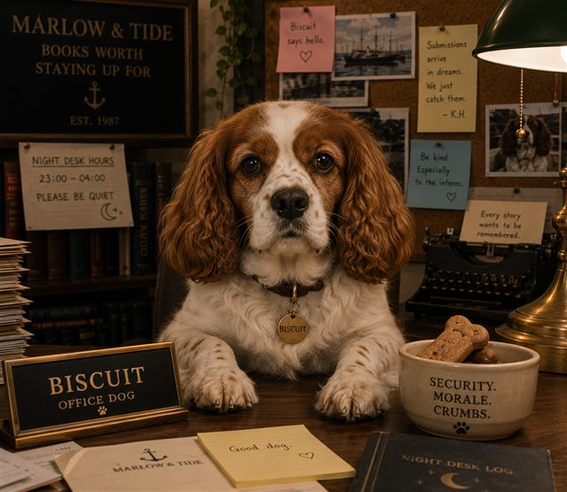 Biscuit at his desk, with nameplate and biscuit bowl